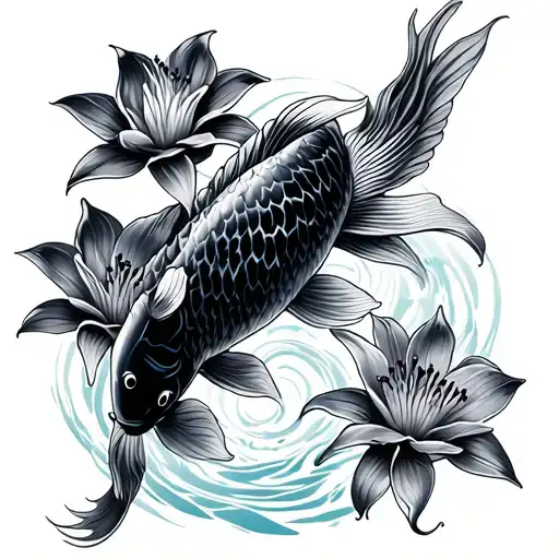 Koi Fish And Lillie Flower