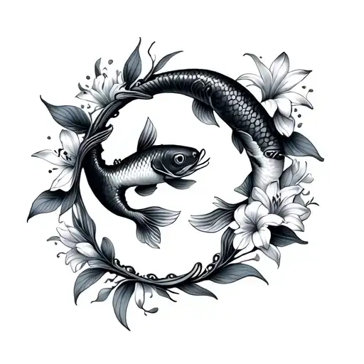 Koi Fish And Lillie Flowers Creating A Circle