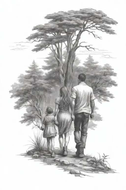 Man Woman And Two Children Walking Through A Forest