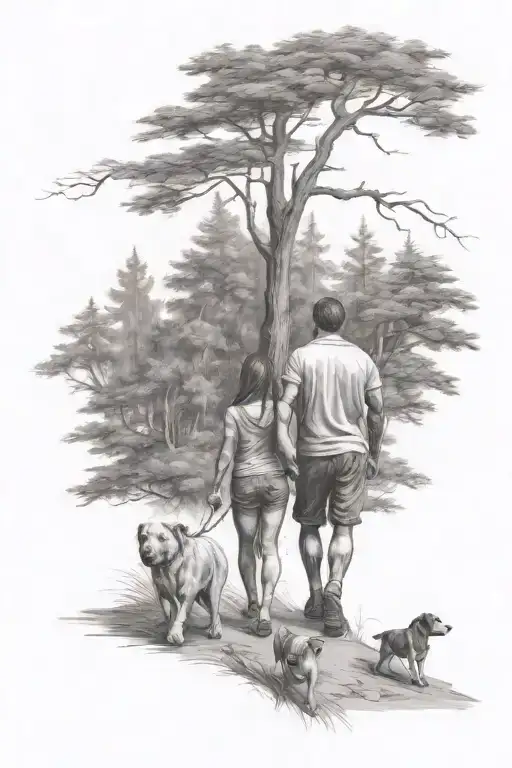 Man Woman And Two Children Walking Through A Forest With Large Dogs