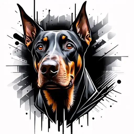 Doberman Head Stencil Black And White With Abstract Patterns And Shading