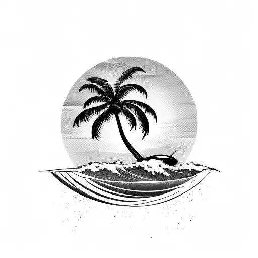 A Palm Tree Silhouette With A Sunset And Waves Inside