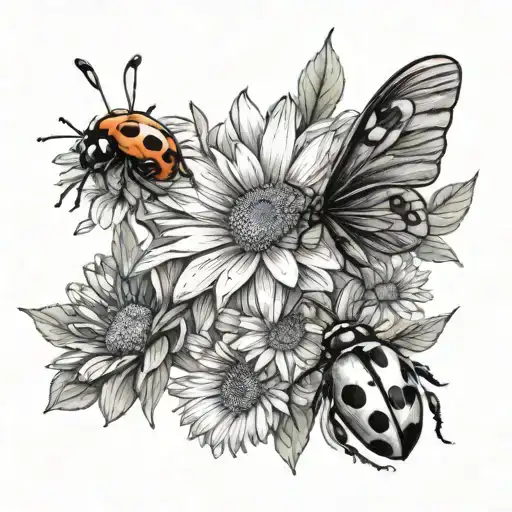 Ladybug And Bumblebee Flying Around A Daisy Celina Name