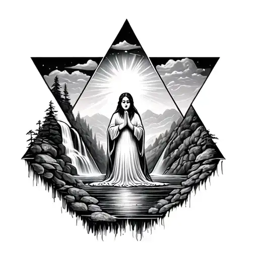 Triangle With Lady Praying At A Waterfall