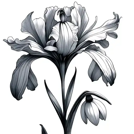 Fine Line Iris And Snowdrop Flower With Delicate Blackwork