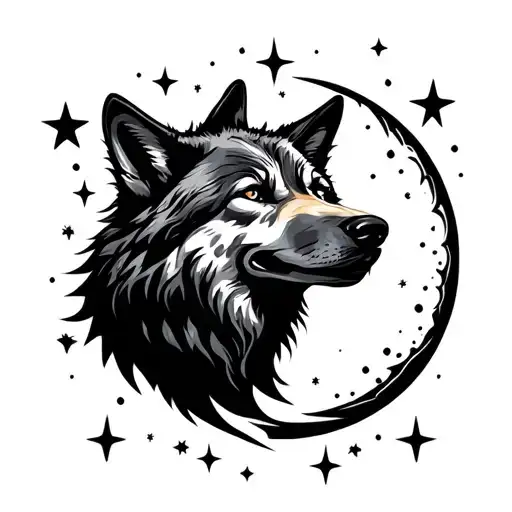 Wolf Face Shaped Into Moon Silhouette With Stars Surrounded