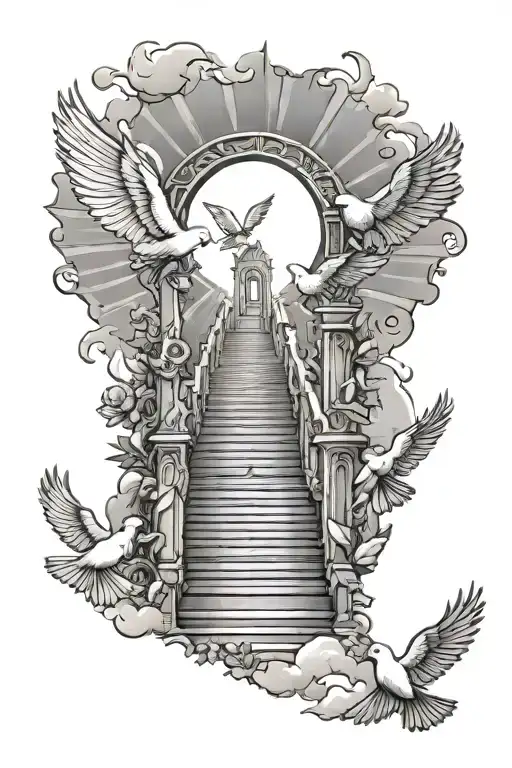 Stairway Leading To Heaven Gates Doves Flying Towards The Sun