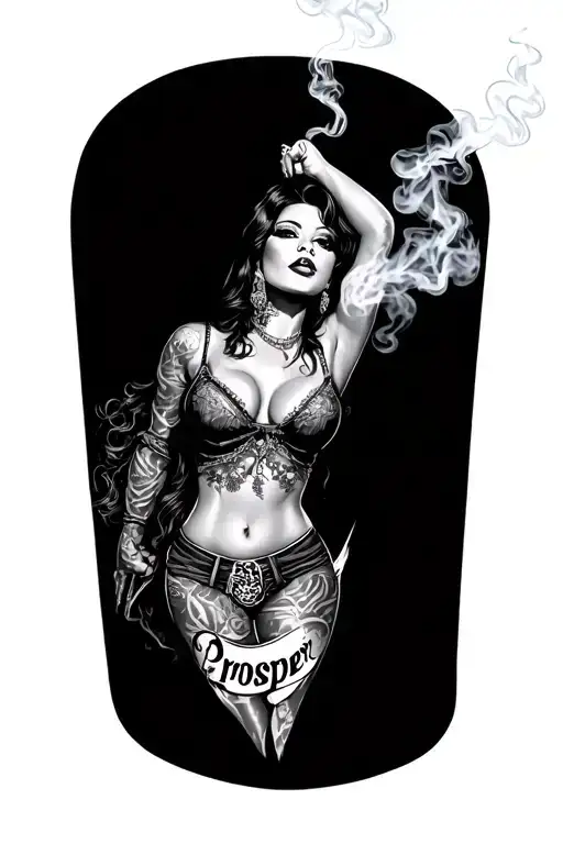 Chicano Tattoo With A Sexy Woman Smoking And Lettering Word Prosper Under Her
