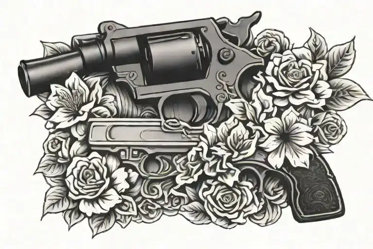 Puzzle Piece Design Black Powder Gun And Flowers Intertwined