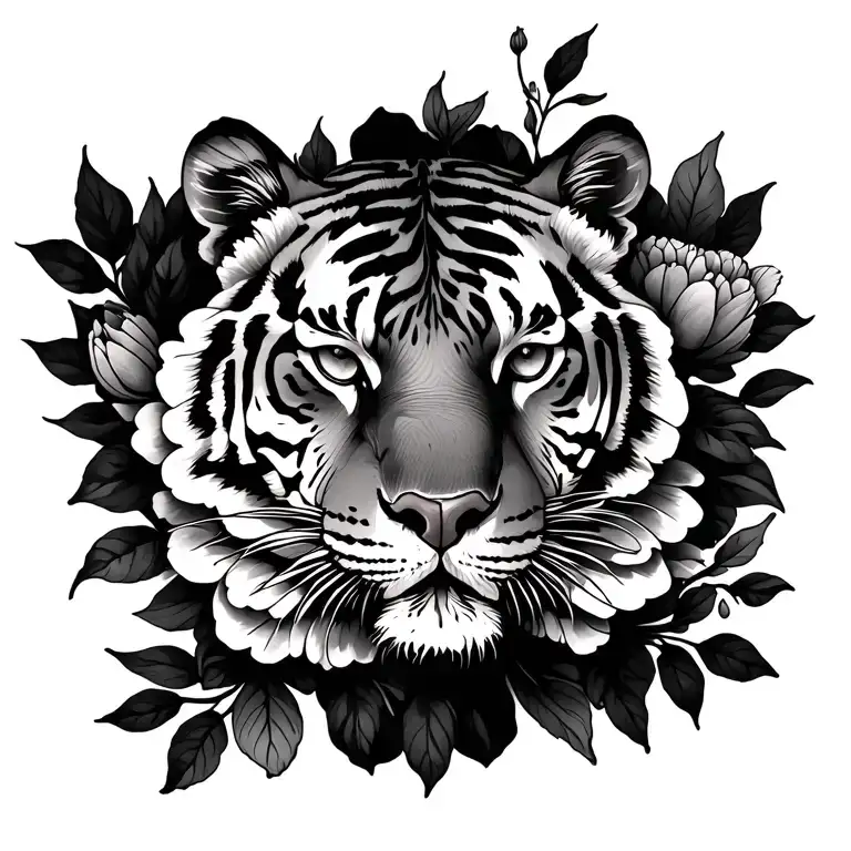 Tiger Full Body Surround Peonies Flower