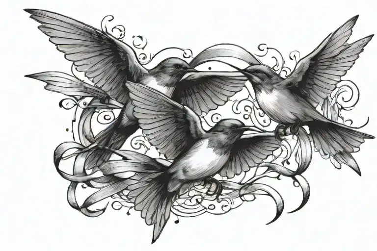 2 Swallows Holding A Ribbon In Their Beaks Under The Collarbone In Flight