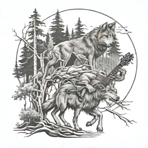 A Wolf Pack Traveling Through A Forest With Guitar Strings Intertwined In The Trees