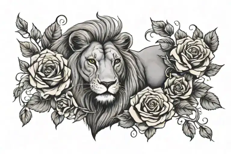 Female Lion Yellow Roses Intertwined Vines