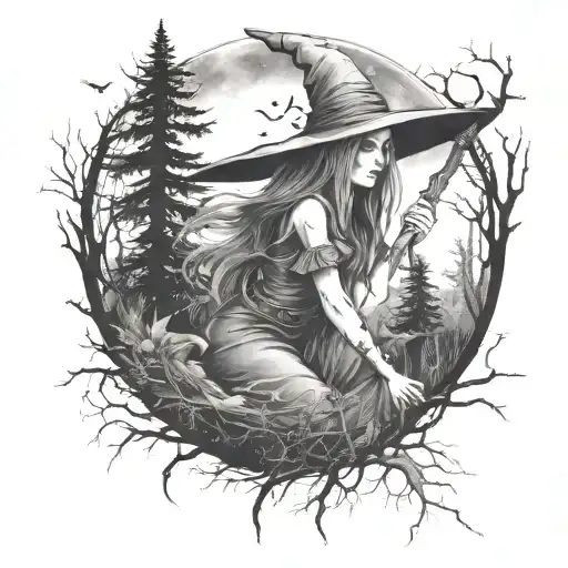 Witch In The Woods With Moon Backround Forest