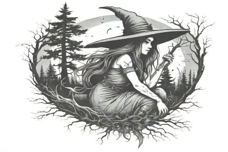 Witch In The Woods With Moon Backround Forest