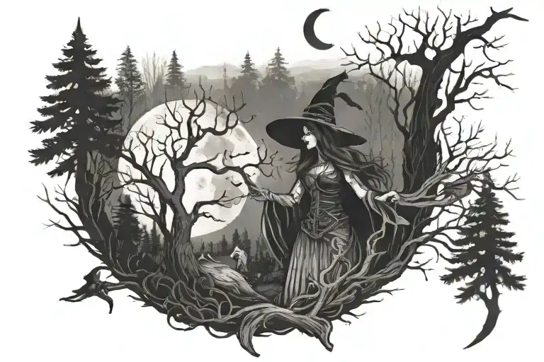 Witch In The Woods With Moon Backround Forest