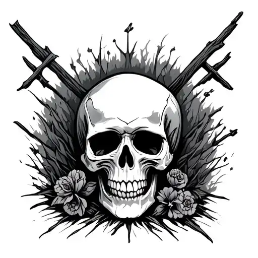 Skull And Cemetery With Dead Leaving