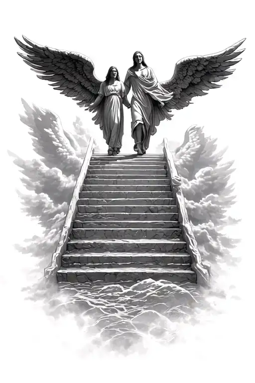 Cinematic Stairway To Heaven Serene Holding Hands Leaving Earth Walking Into Heaven Angels