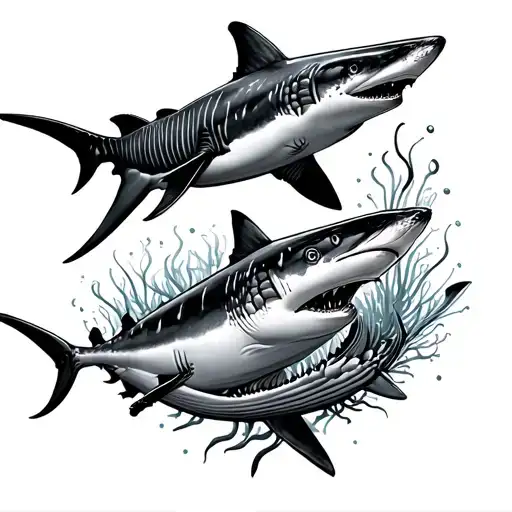 Fine Line Minanilist Style Of Hammerhead Shark Reef Shark And Whale Shark Spine