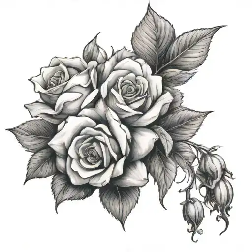 Rose And 3 Violets Black And White Drawing