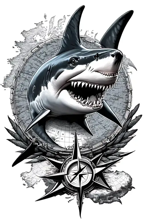 Black And White Shark With Map And Compass Surrounded
