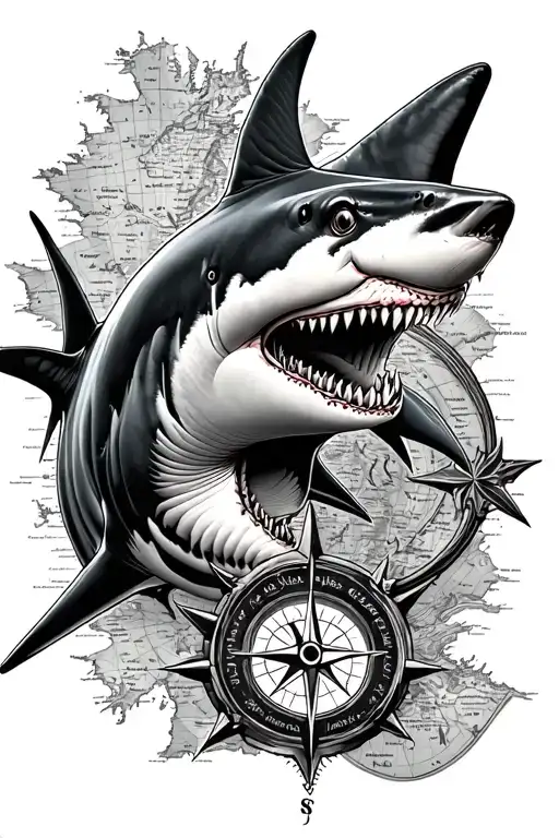 Black And White Shark With Map And Compass Surrounded