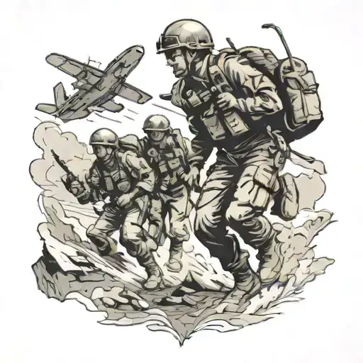 World War Paratroopers Landing On A Warzone