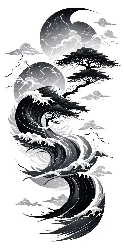 Japanese Oriental With Sky Waves And Thunder