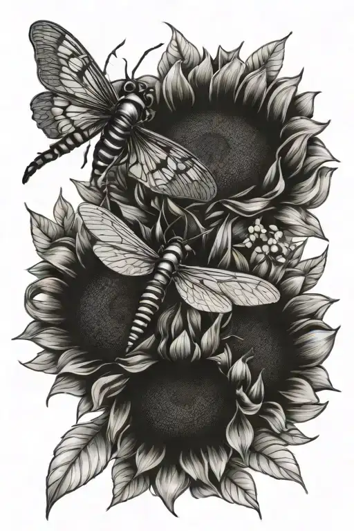 Sunflowers And Bees And Flowers And Dragonfly
