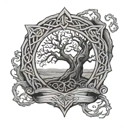 Eldritch Style Tree Of Life Celtic Knot Growing From Cracked Wooden Shield With Overgrowth