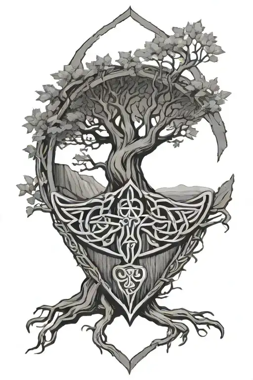 Eldritch Style Celtic Tree Of Life Growing Out Of Cracked Wooden Shield