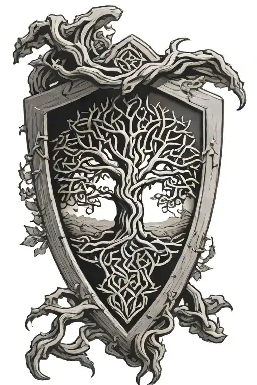 Celtic Tree Of Life Knot Growing Out Of Cracked Wooden Shield