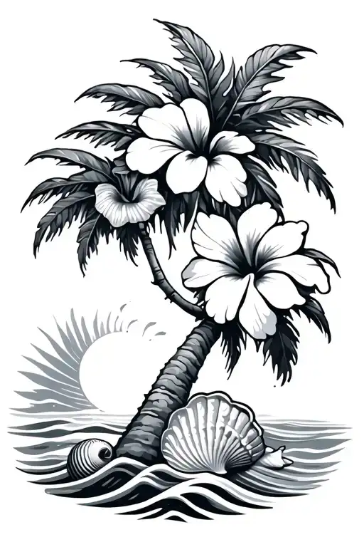 Palm Tree With Hibiscus Flowers And Waves And Seashells And Sun