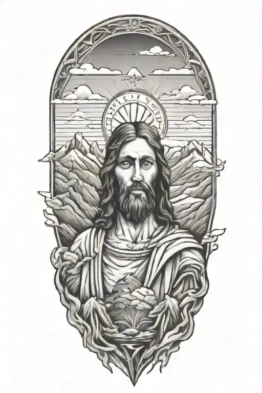 Jesus Surrounded By Mountains Panorama