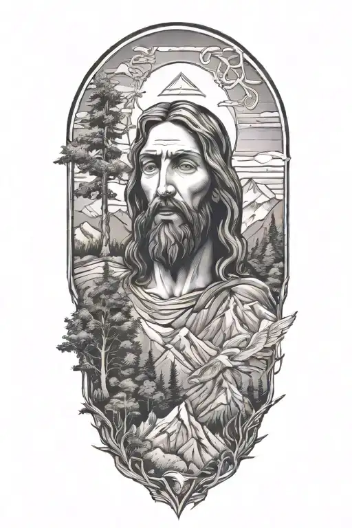 Jesus Surrounded By Mountains Filled With Trees