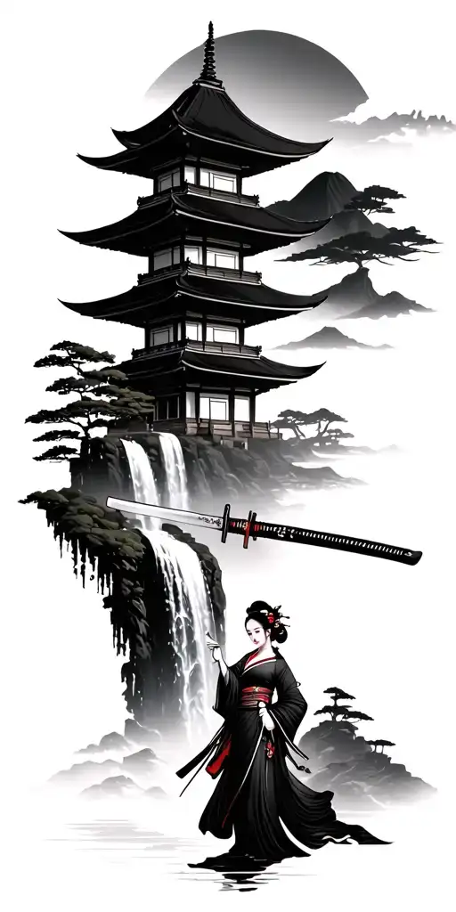Pagoda Temple With A Waterfall And Geisha Holding A Katana