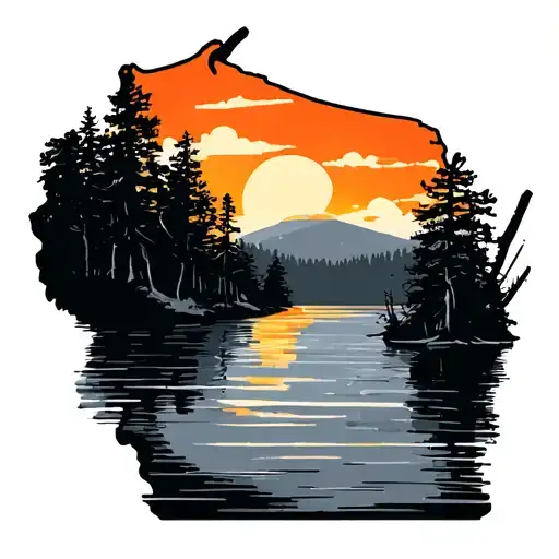 Wisconsin Lake With Trees Colors Sunset Over Lake