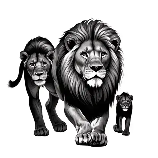 Lion With Two Lion Cubs Walking