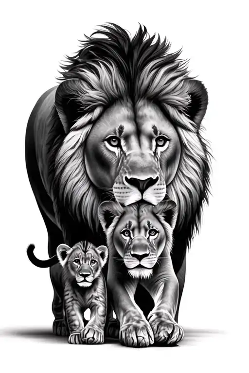 Lion With Two Baby Lion Cubs Walking