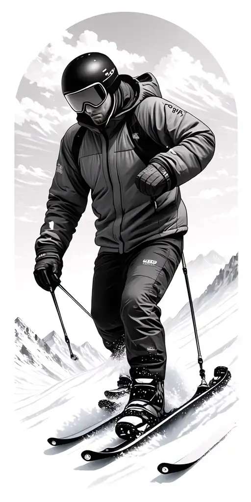 Skier Going Down Steep Mountain Panorama