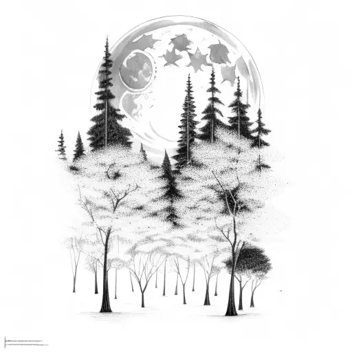 Forest Scenery Under The Moon With Waterfall