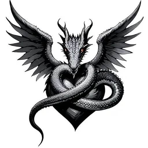 Dragon Snake Wrapped Around A Heart With Its Open Wings