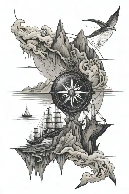 Compass Mountain City Ship Sea And Peak