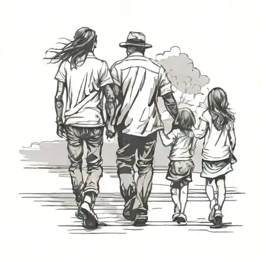 Father And Daughters Holding Hands While Walking Away