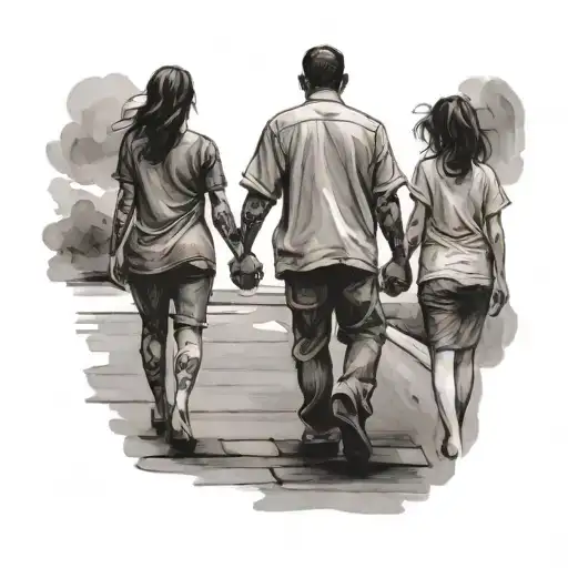 Father With Daughters Holding Hands While Walking Away