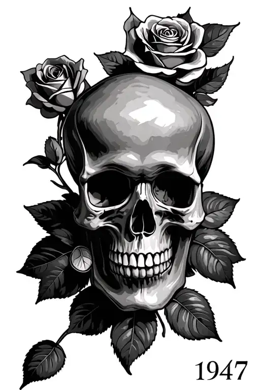Skull And Rose Tattoo With 1947 Roman Numerals