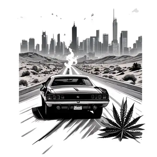Car Smoking Weed On A Dark Desert Highway Towards A City
