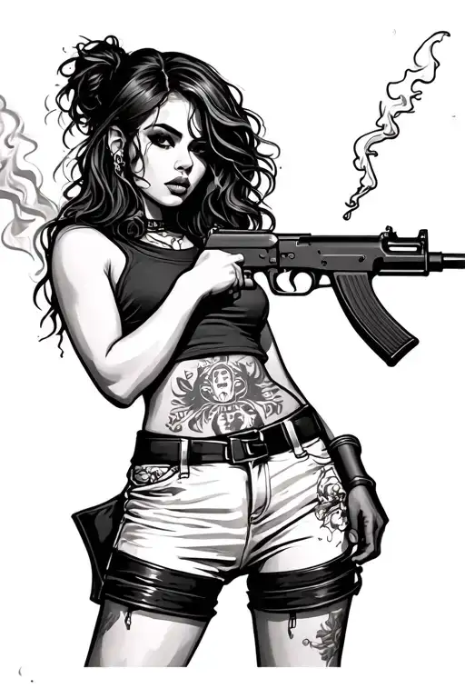 A Gangster Girl Standing Whit A Ak47 And Smoke A Joint Sexy