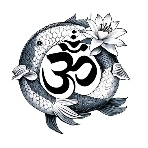 Om Symbol With Koi Fish Around It With Lilium And Lotus Flowers
