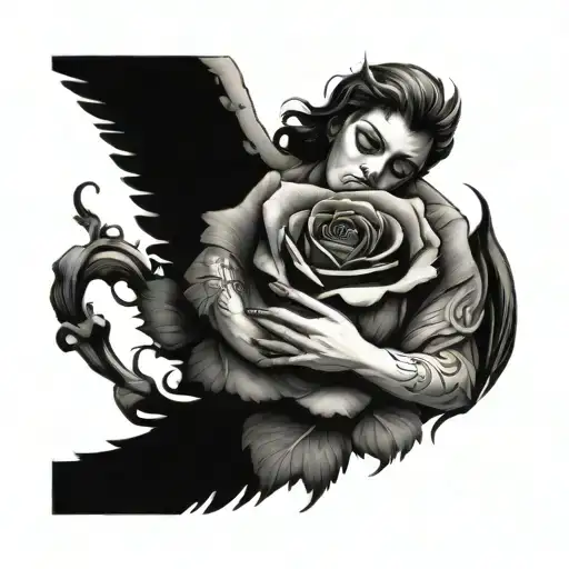 Fallen Angel And God Hand And A Rose Surrounded